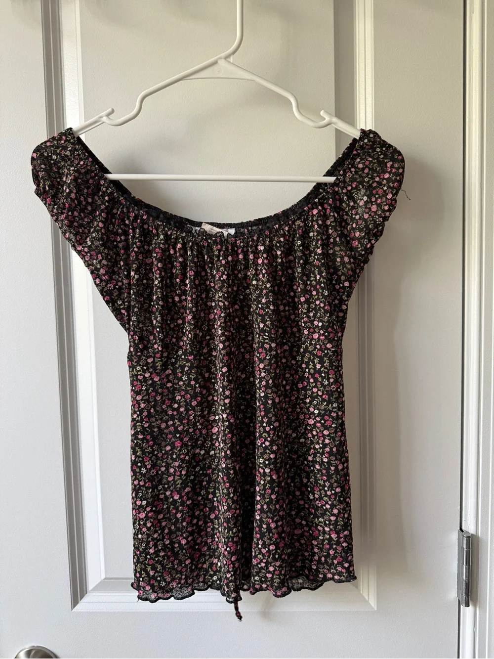 Self Esteem Black Off-Shoulder Dress with Pink Floral Print